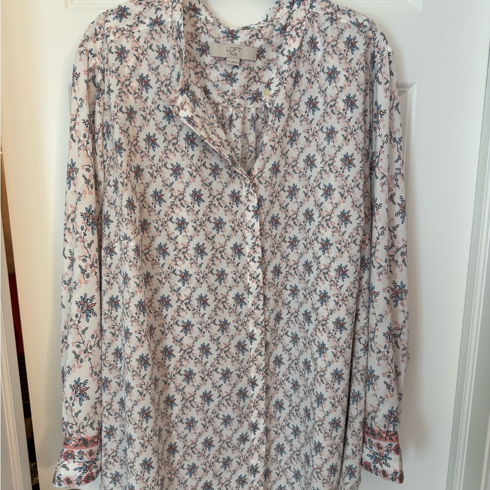 LOFT Women's Button Down Shirt - White and Blue Floral